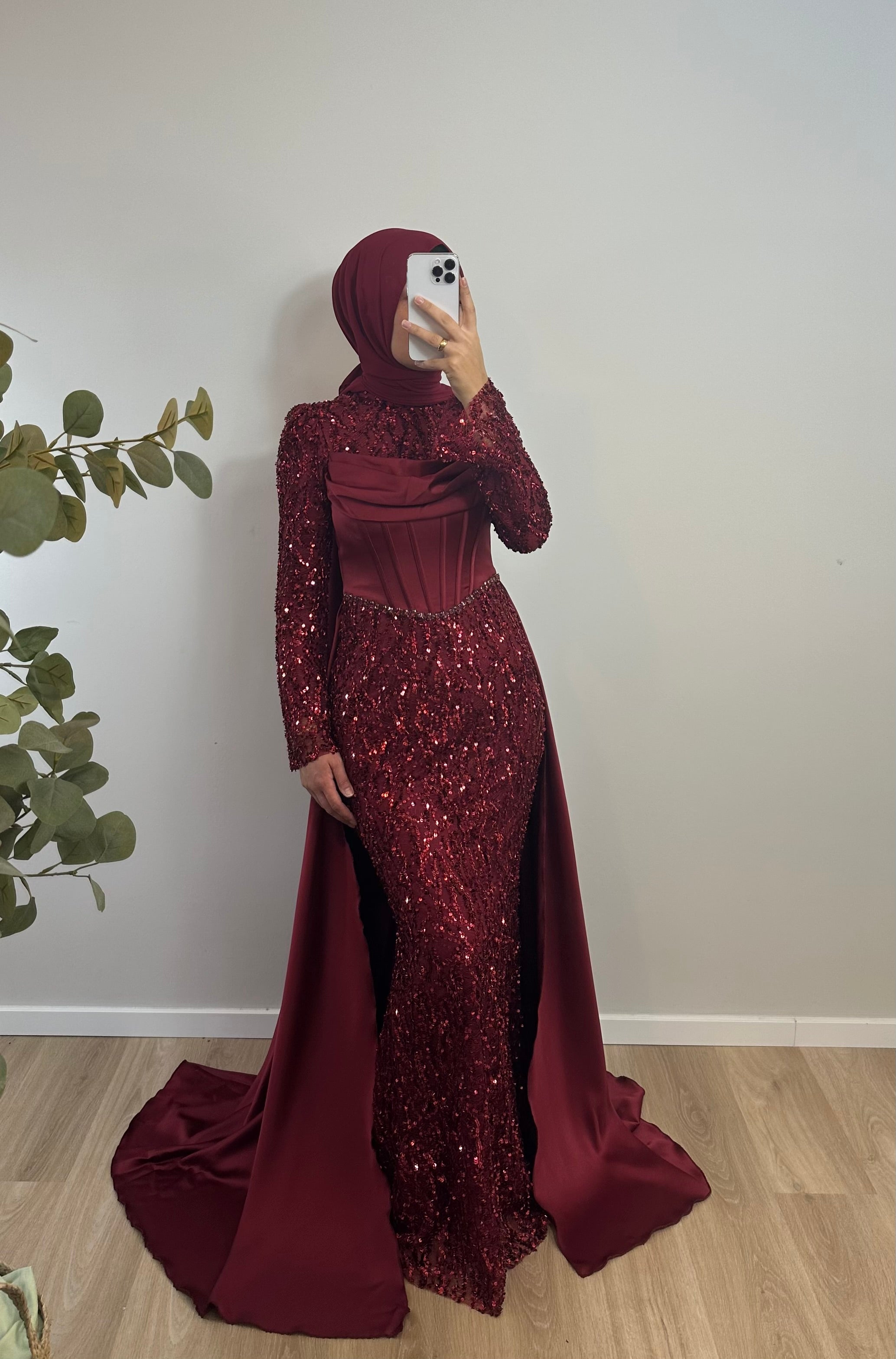 ELEGANTES ABENDKLEID MIT PAILLETTEN & SCHLEPPE